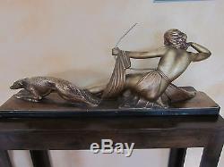 Sculpture De S. Melani En Platre Diane A L Arc Et Son Chien Art Deco 1925/30