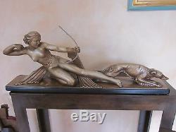 Sculpture De S. Melani En Platre Diane A L Arc Et Son Chien Art Deco 1925/30