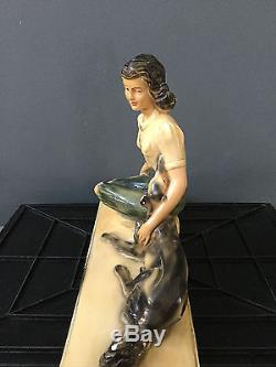 Sculpture Platre Polychrome Art Déco Années 30 Femme Au Chien Signée BONI