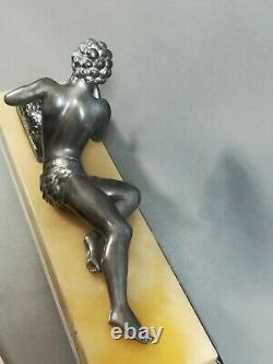 Sculpture Régule Dieu Pan Art Déco Sur Socle Onyx Et Marbre Polychrome 1930