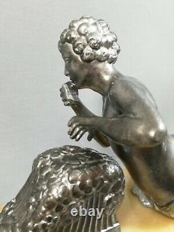 Sculpture Régule Dieu Pan Art Déco Sur Socle Onyx Et Marbre Polychrome 1930