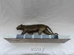 Sculpture Statue Animaliere Art Deco Panthere Regule Marbre Veine Panther 30 40