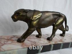 Sculpture Statue Animaliere Art Deco Panthere Regule Marbre Veine Panther 30 40