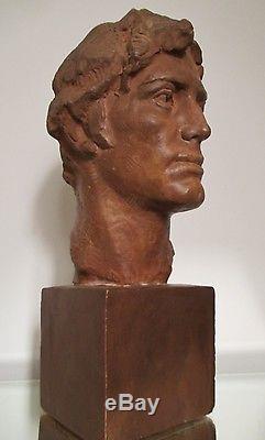 Sculpture Statue Tête de jeune homme terre cuite Victor Demanet 1930 ART DECO