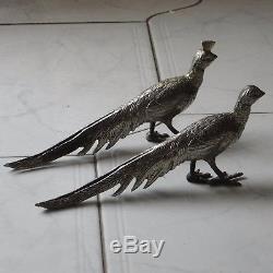 Sculpture, Statue couple de Faisan, Oiseaux en métal Argenté, ART Déco du XXème