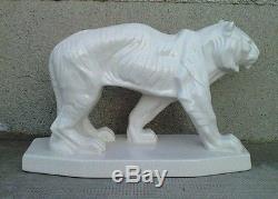 Sculpture TIGRE ceramique craquelé blanc EMAUX DE LOUVIERE tiger white art deco