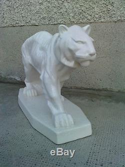 Sculpture TIGRE ceramique craquelé blanc EMAUX DE LOUVIERE tiger white art deco