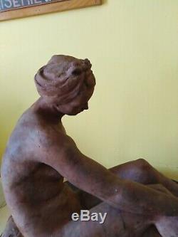 Sculpture ancienne terre cuite buste art déco femme nu au bandeau statue 1942