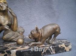 Sculpture art deco 1920 femme bouledogue français antique statue french bulldog