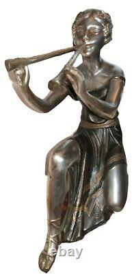 Sculpture art deco ancienne femme a la flute en régule argenté et galalithe