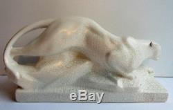 Sculpture céramique craquelée Art Déco, Panthère blanche sur un rocher