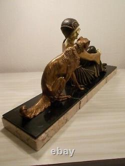 Sculpture chryselephantine art deco 1930 A. GODARD statue femme au chien lévrier