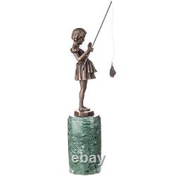 Sculpture en bronze Art Déco Fille avec canne à pêche d'après Ferdinand Preiss