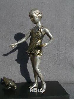 Sculpture enfant fillette & oiseaux art deco 1930 URIANO vintage statue figural