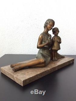 Sculpture régule patiné Femme et fille à loiseau signé Molins Balleste Art Déco