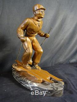 Sculpture régule patine bronze skieur art déco signé L. BRUNSWICK la descente