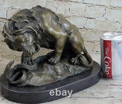Signée Barye Serpent Et Lion Bronze Marbre Sculpture Statue Figurine Art Déco