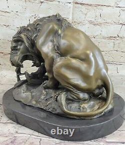 Signée Barye Serpent Et Lion Bronze Marbre Sculpture Statue Figurine Art Déco