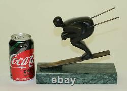 Solide Bronze Neige Ski Sculpture Sport Hiver Statue Art Déco Figurine