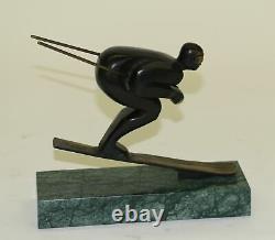 Solide Bronze Neige Ski Sculpture Sport Hiver Statue Art Déco Figurine