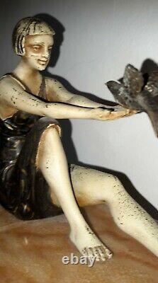 Statue Sculpture Art Deco Femme Oiseaux Marbre