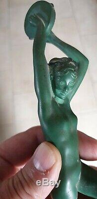 Statuette En Bronze Art Deco Raymonde Guerbe Femme Au Tambourin Patine Verte