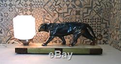 Superbe lampe sculpture Panthère Art Déco 1930 sur marbre / onyx