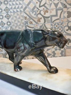 Superbe lampe sculpture Panthère Art Déco 1930 sur marbre / onyx