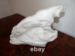 Superbe rare ancienne sculpture de panthère ART DECO LONGWY en craquelé blanc