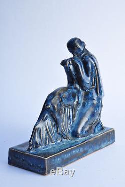 Superbe sculpture Art Déco Femme au chien céramique Antique 1930 statue woman