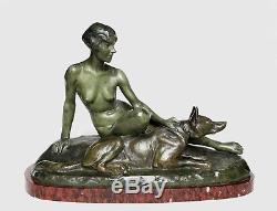 Superbe très grand bronze Art Déco jeune femme nue au chien signé Louis RICHE