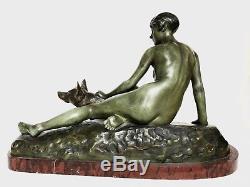 Superbe très grand bronze Art Déco jeune femme nue au chien signé Louis RICHE