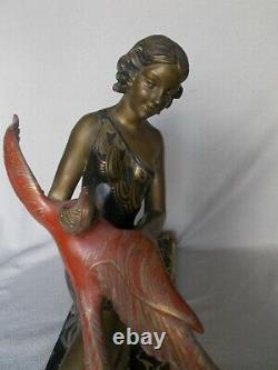 Très grande sculpture art deco 1930 LIMOUSIN 61cm x 46cm femme & oiseau statue