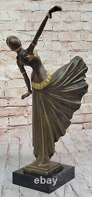 Véritable Bronze Danseur Détaillé Art Déco Nouveau Statue Sur Marbre Base