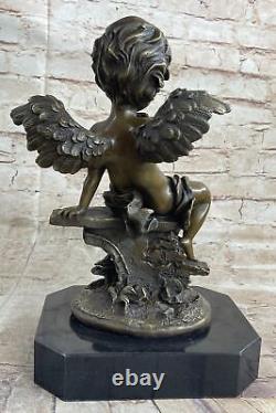 Western Joli Cupidon Ange à Jouer Pan Flute Bronze Marbre Art Déco Sculpture