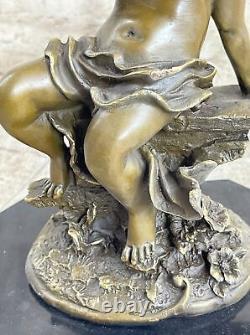 Western Joli Cupidon Ange à Jouer Pan Flute Bronze Marbre Art Déco Sculpture