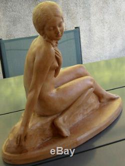 Zoltan Kovats 1883-1952 Grande Sculpture Art-déco Jeune Femme Nue Au Rocher